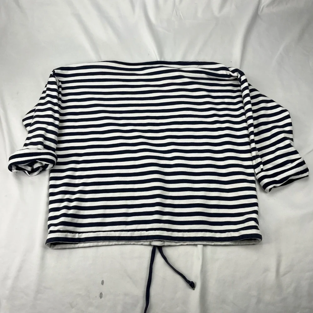 Anne Klein Nautical Boat Neck Striped Navy Blue White Drawstring Hem Sweatshirt - Picture 6 of 6